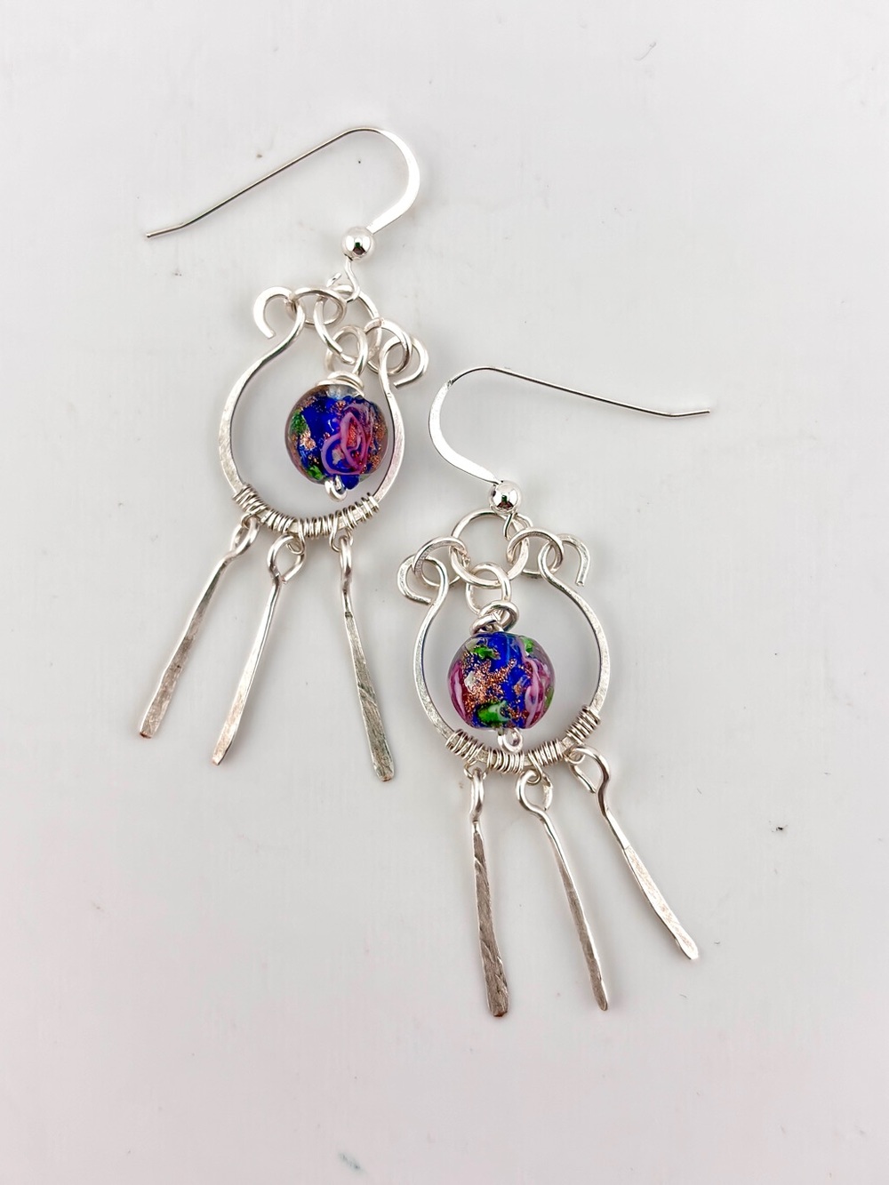 HANDMADE Artisan Glass Floral Bead Silver Filled Wire Wrapped Dangle Earrings